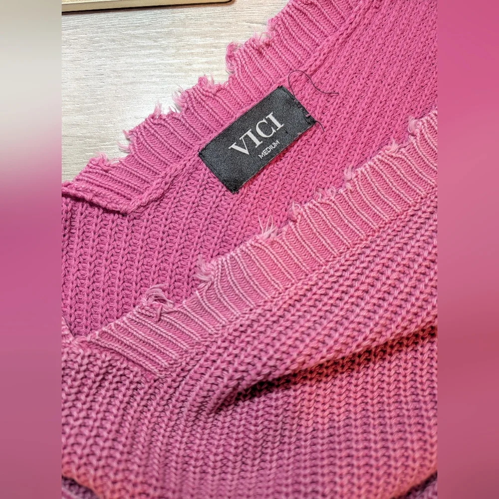Vici Pink Ribbed 100% Cotton Distressed Frayed Drop Shoulder Slouchy Sweater - Picture 8 of 9